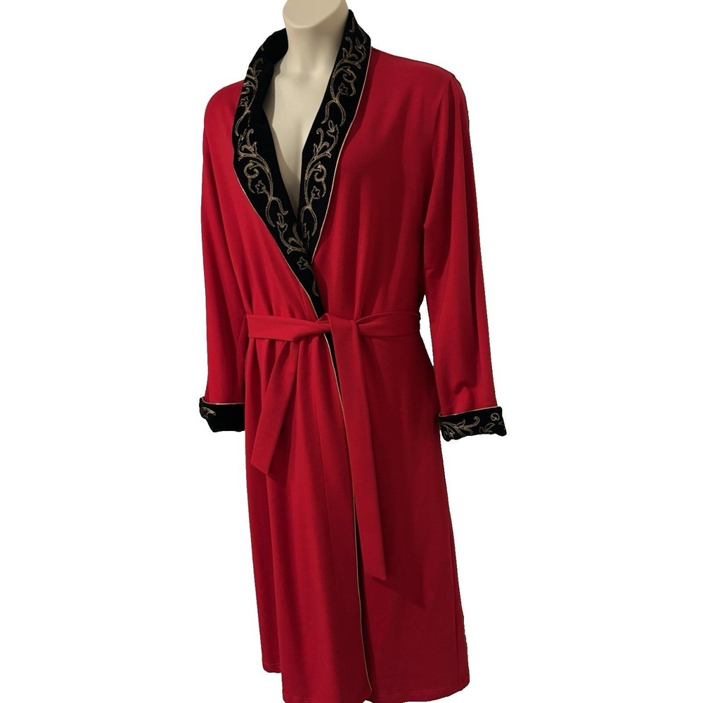 ST JOHN COLLECTION By Marie Gray~L~Red Robe Black Velvet Embroidered Collar Vtg